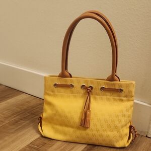 Dooney & Bourke Y2K Yellow Logo Canvas Tote Tan Leather Trim Vintage